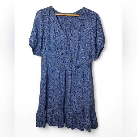 Lucky Brand Mila Dot Print Faux Wrap Ruffled Boho Flowy Dress‎ Womens XL Blue - Picture 1 of 6